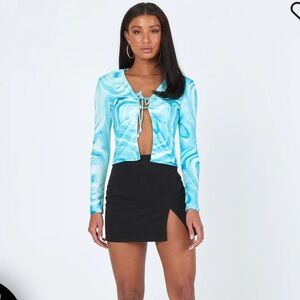 Princess Polly Danica Long Sleeve Top Blue Aqua Teal Swirl Tie Front Size 4